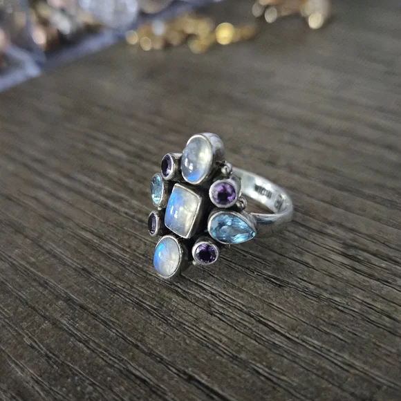 Nicky Butler 925 Sterling Silver Moonstone Blue Topaz Amethyst Ring Sz 7 Vintage - Picture 10 of 16